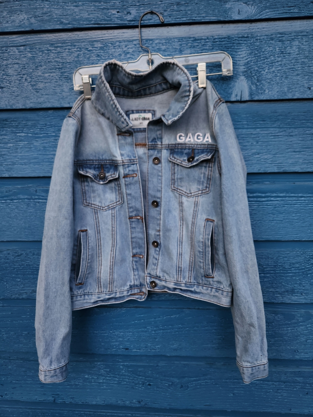 Lady Gaga Light Blue Denim Jean Jacket - GAGA Embroidered
